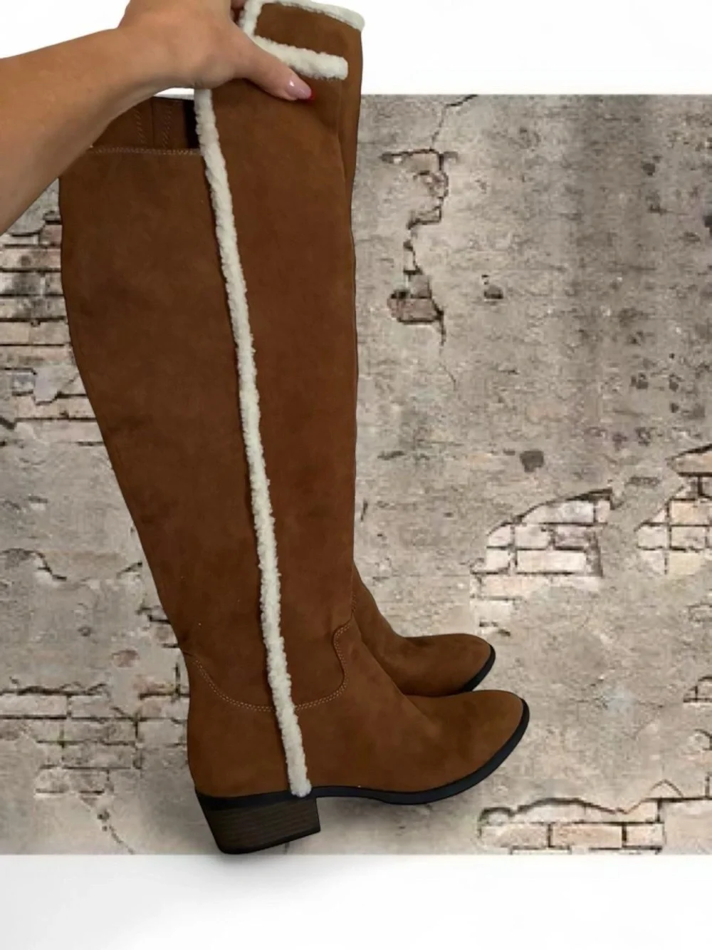 VTG Teddy trim Brown Suede Over-the-Knee Boots with Faux Shearling Trim Y2K